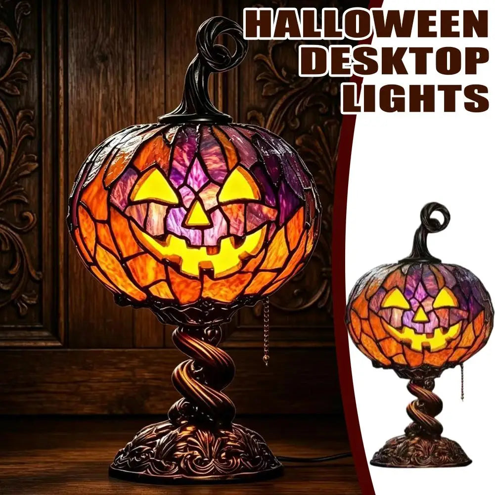 lampe table citrouille halloween artisanale résine orange violet jaune vintage chaines bronze