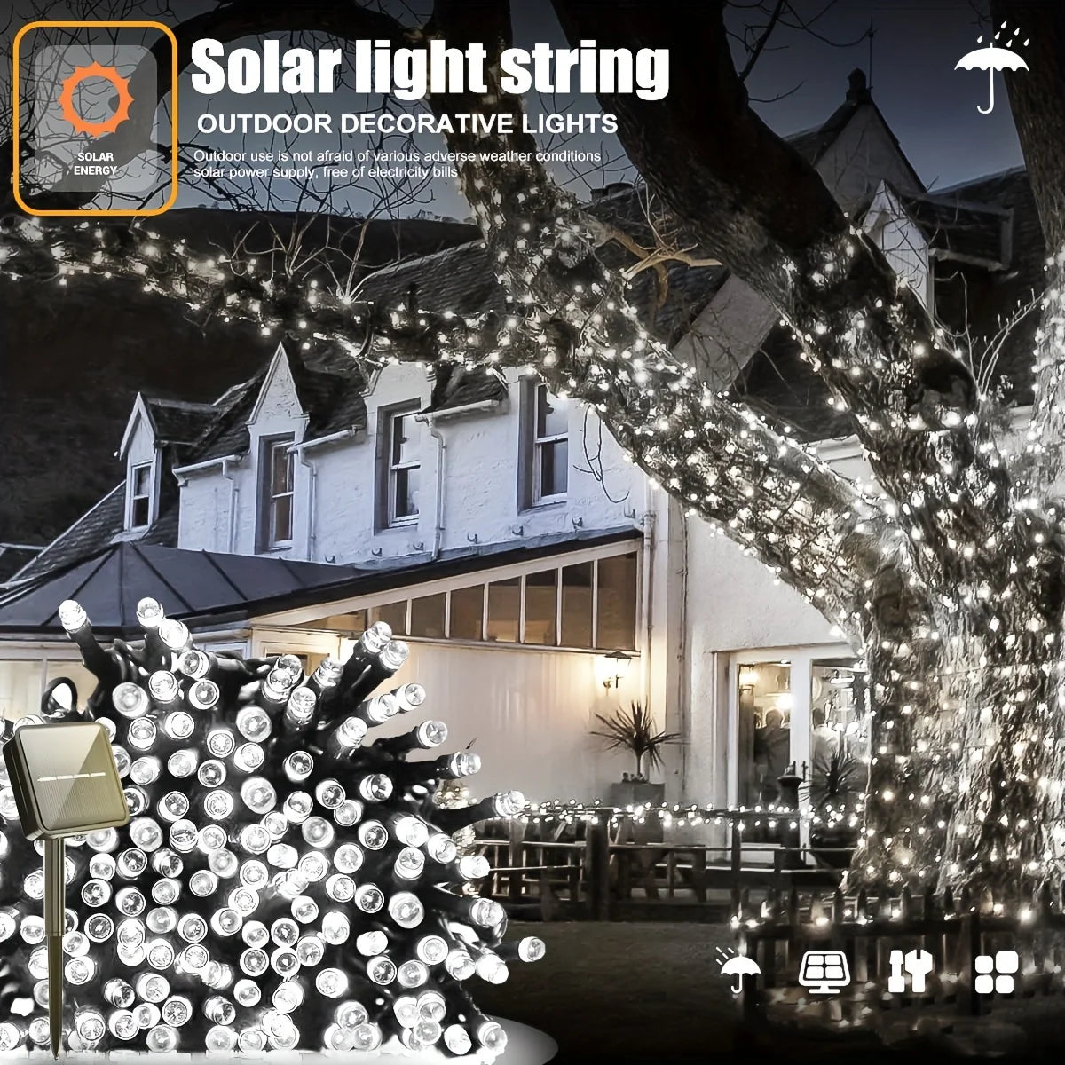 guirlande lumineuse solaire 100 led blanc moderne extérieure ip65 autoinstallation festive décors