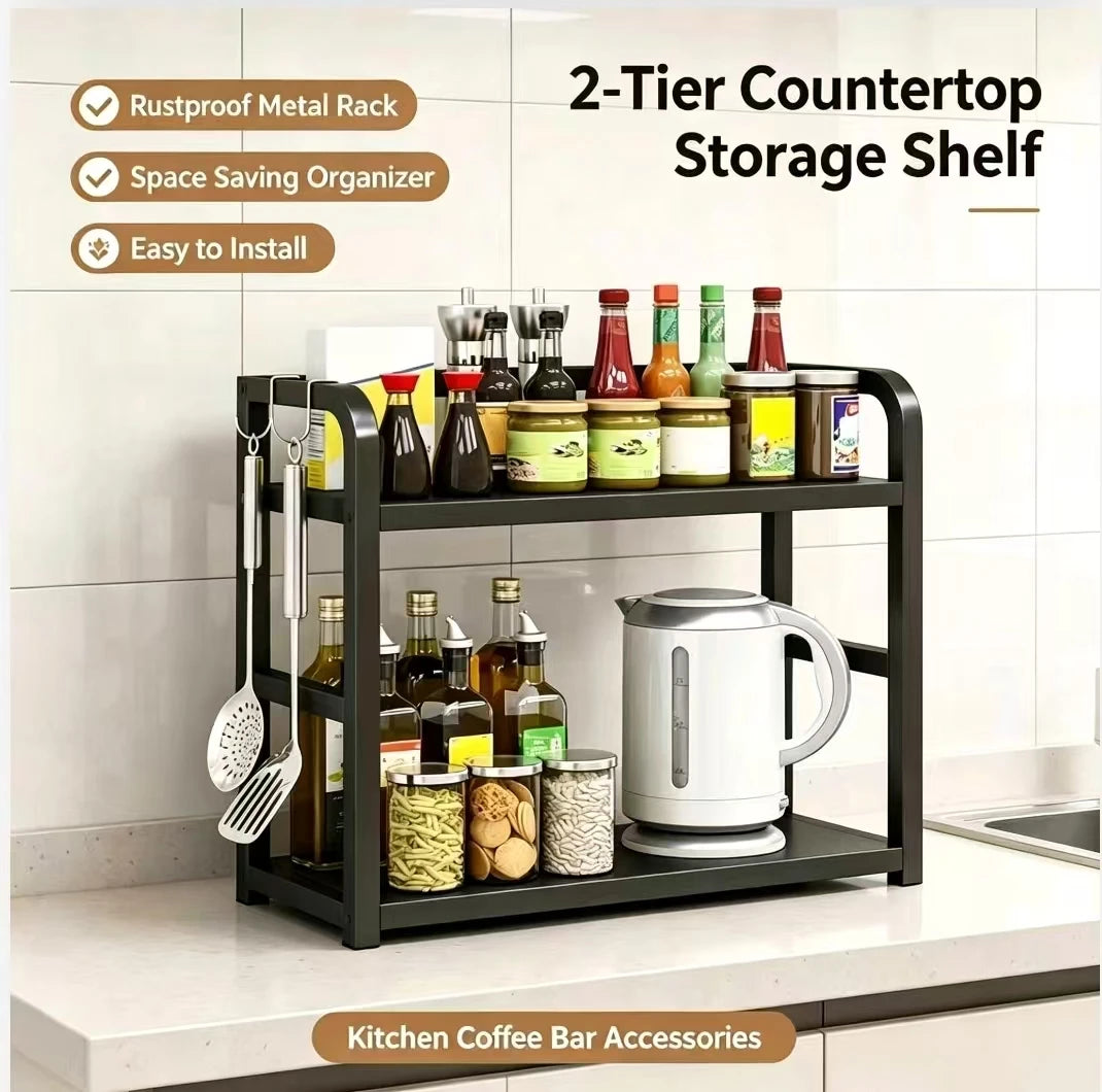 étagère rangement cuisine moderne bois naturel noir plateaux métal antirouille bouteilles pots ustensiles
