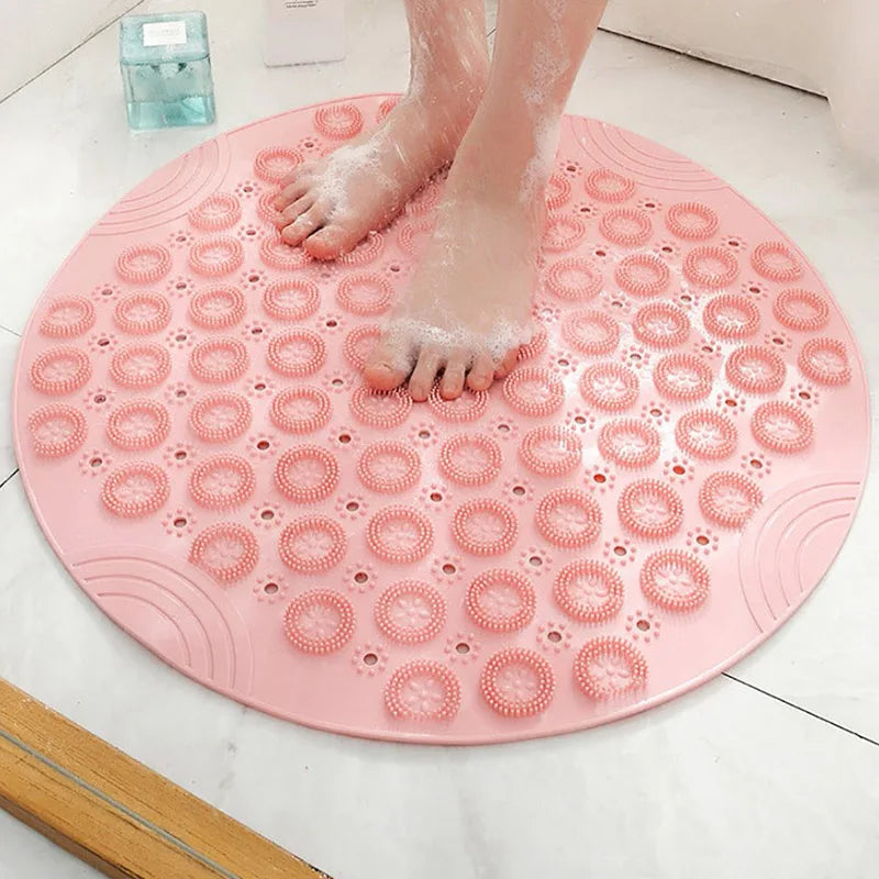 tapis bain circulaire texturé motifs floraux bleu rose moderne adhésif salle bain douceur antidérapant