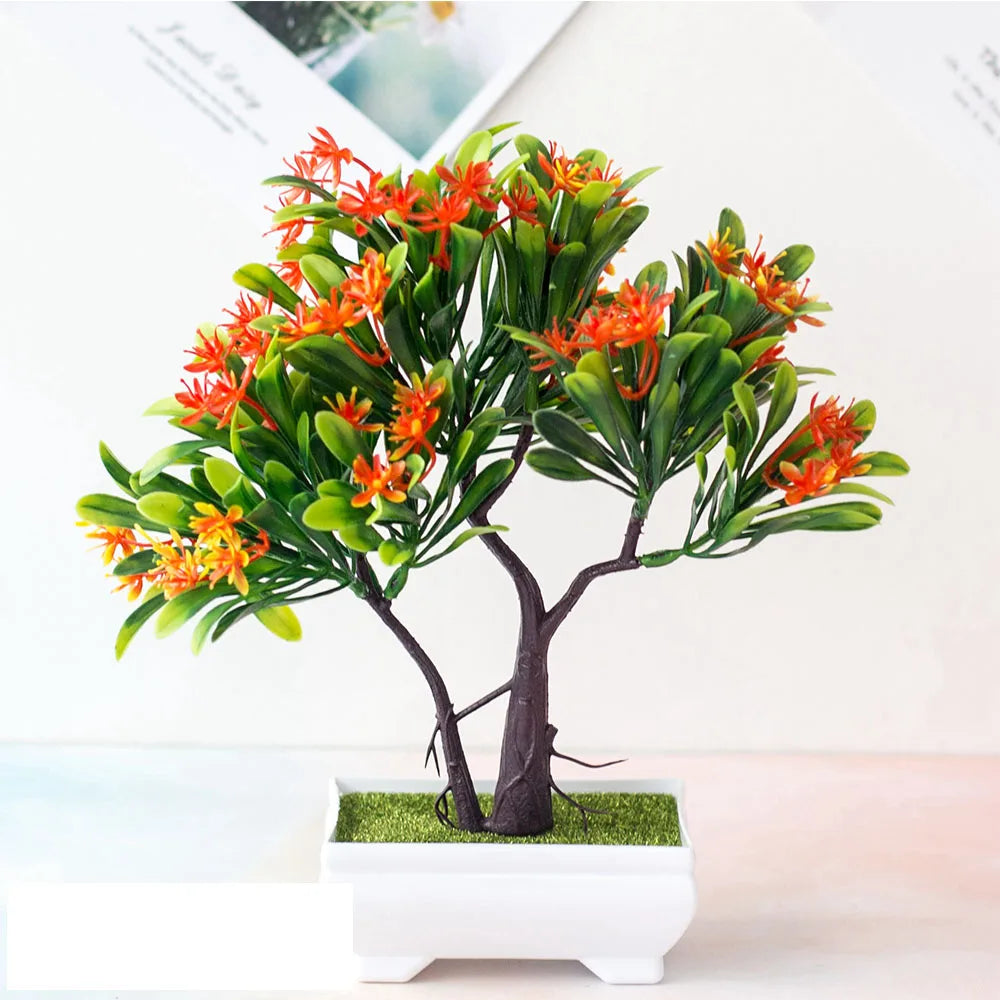 Bonsaï artificiel rose violet vert orange feuilles fines pot blanc mousse verte décoration intérieure