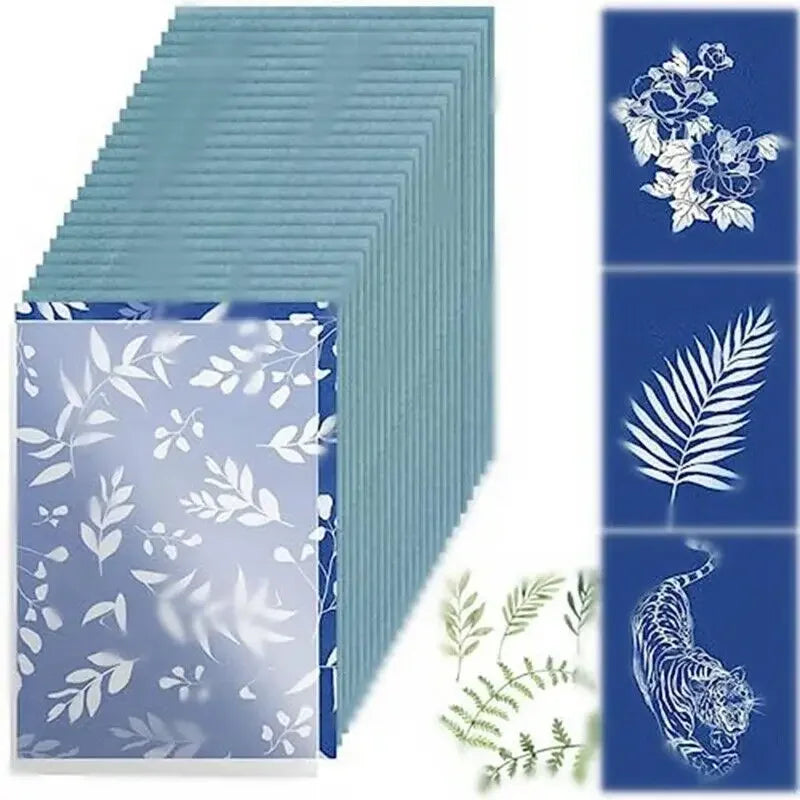 papier décoratif bleu feuilles branches fleurs motif abstrait opacité artiste moderne a4 a5 a6