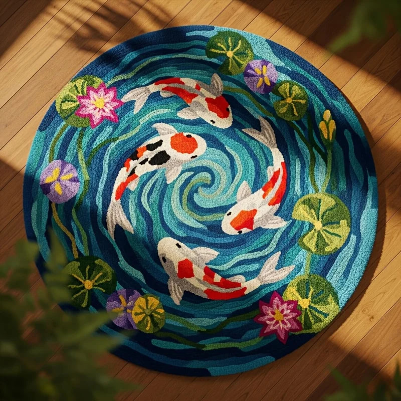 tapis rond coloré poissons koi fleurs lotus moderne antidérapant imperméable salon chambre bleu blanc