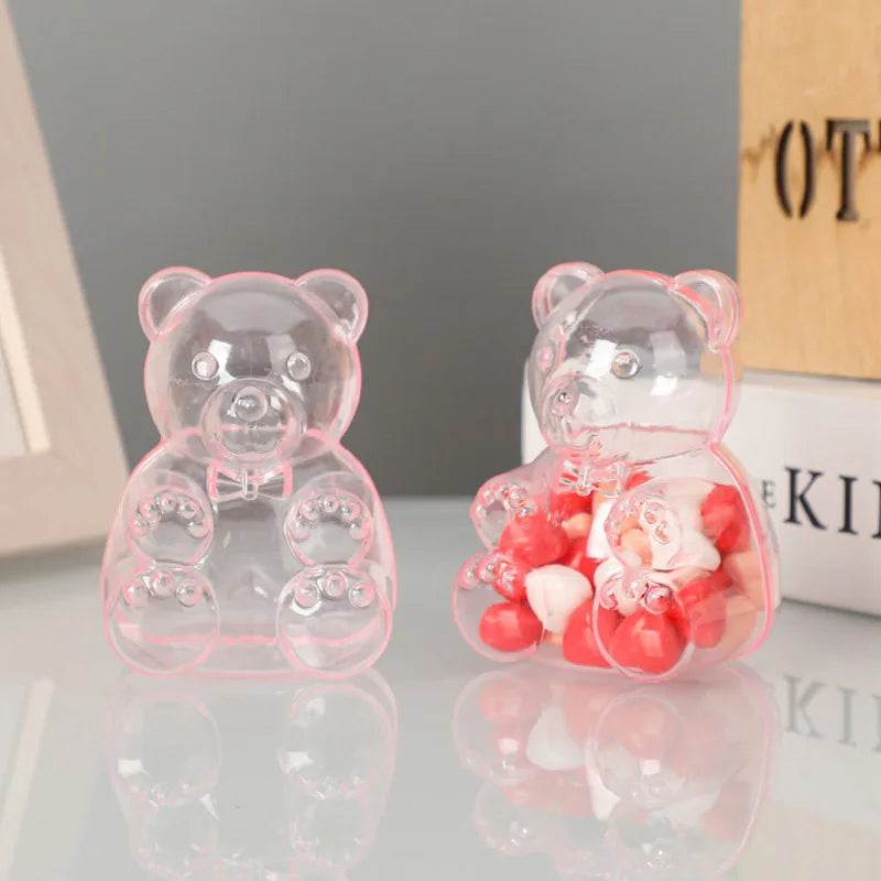 boîtes bonbons ours transparentes rose clair contemporaines mignonnes coeurs rouges blancs oranges mariage snacks