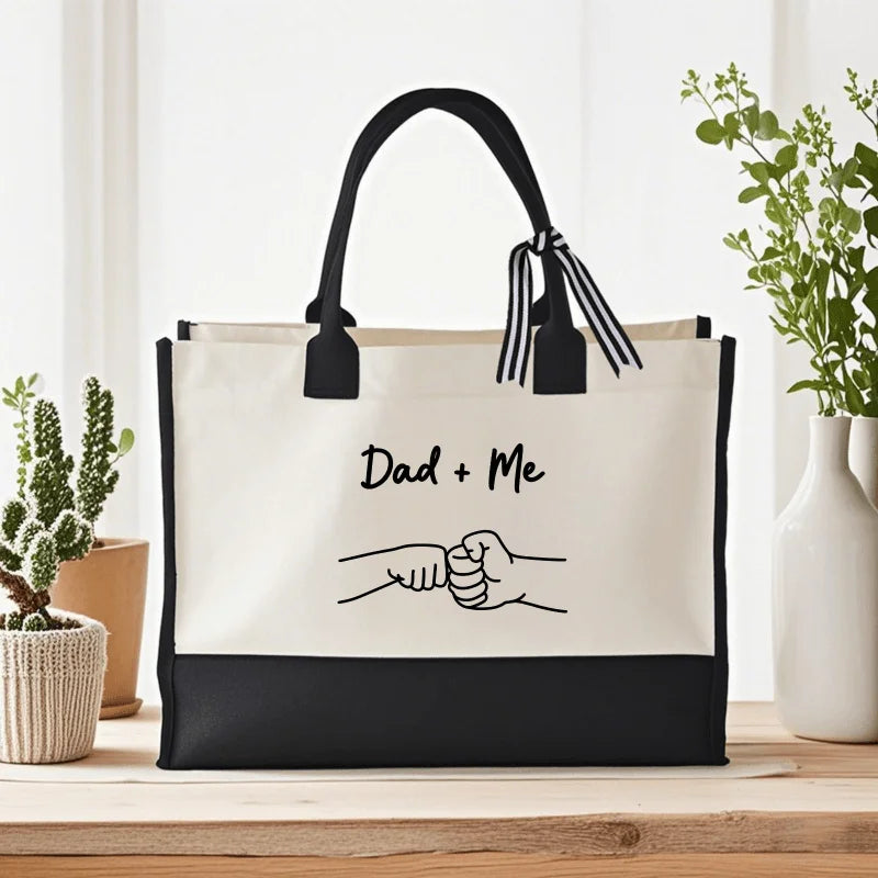 sac main toile beige noir imprimé dad me mains ruban poignées respectueux environnement moderne