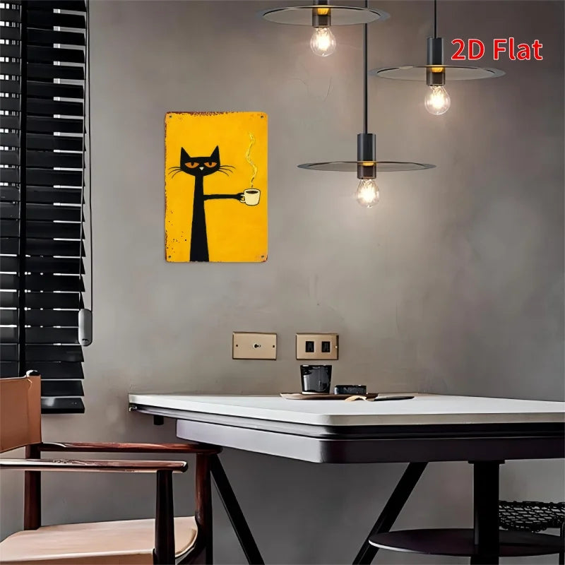 tableau mural jaune chat noir tasse illustration cartoon cuisine chambre decoration intérieure