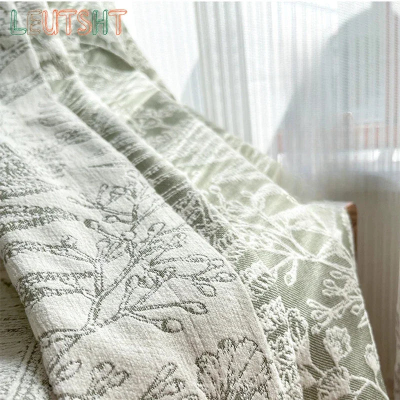 rideau épais vert clair gris motif fleurs feuilles salon chambre classique romantique moderne