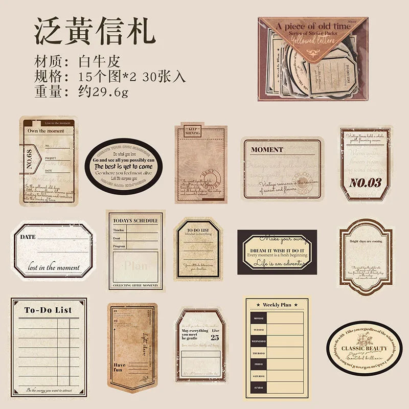 autocollants vintage rétro textes imprimés décoratifs boîte bois stylos loupes fleurs sèches livres
