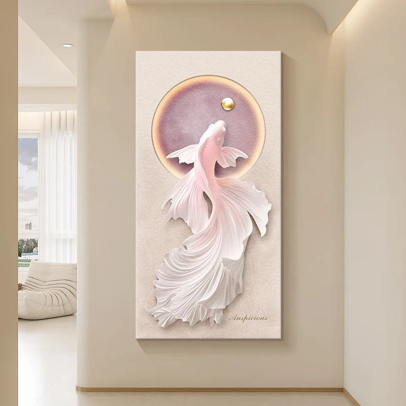 tableau mural contemporain poissons stylisés fond texturé rose pâle beige clair toile miroirs encadrés