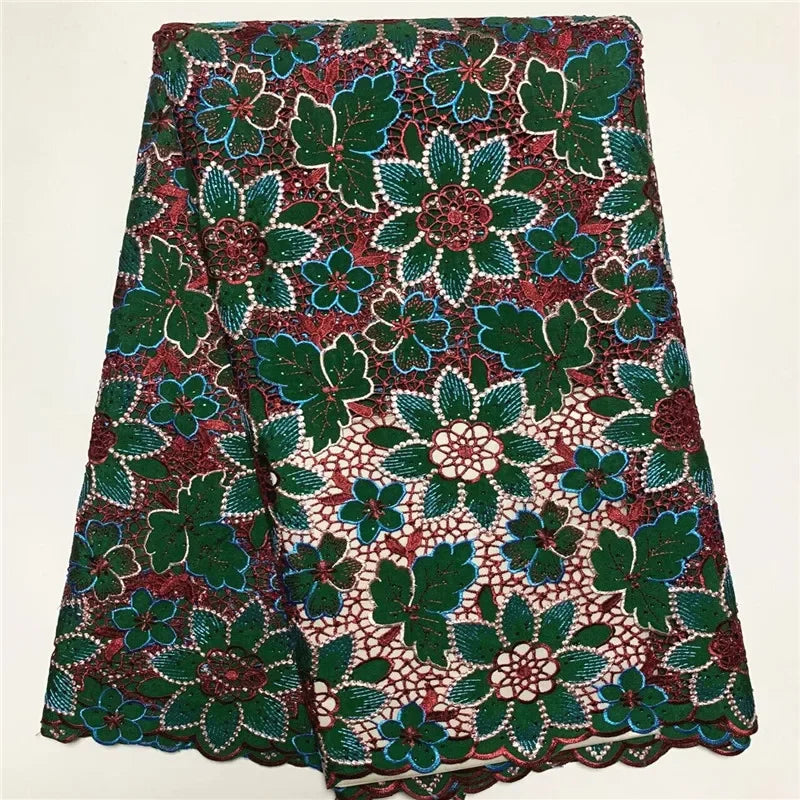 tissu polyester dentelle fleurs feuilles mariage vert jaune rose bleu marron opaque écologique soluble
