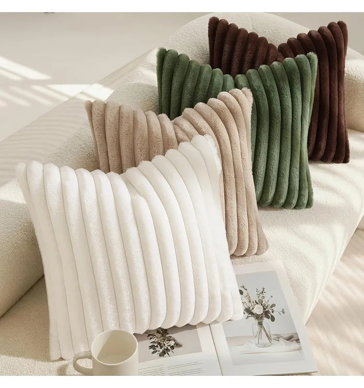 housses coussin fausse fourrure imitation cashmere rayées modernes polyester coton machine lavable fermeture zip