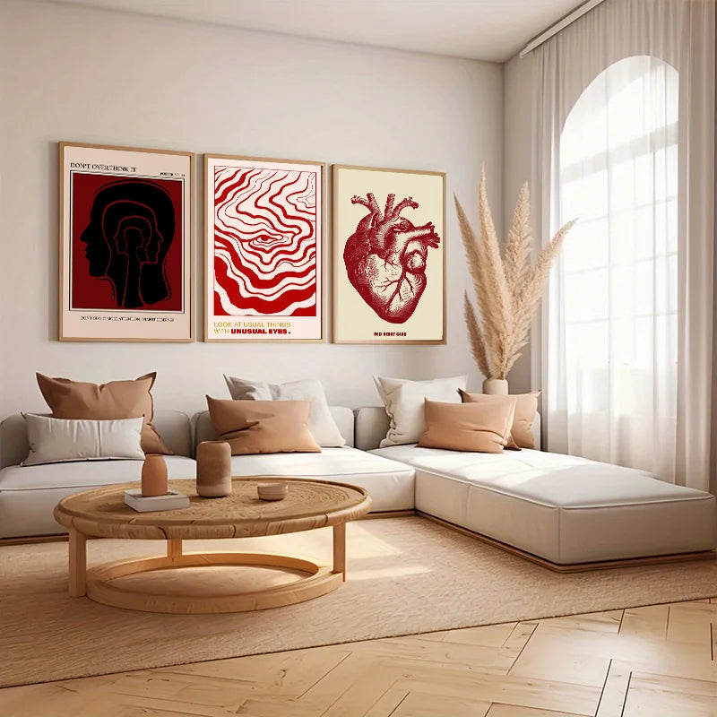 toile d'art abstraite moderne graphique tête silhouettes ondulations cœur rouge noirintérieur décoration chambre salon