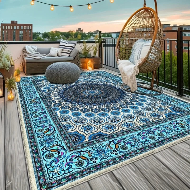 tapis extérieur moderne géométrique bleu blanc beige pile désossée lavable machine salon chambre prière