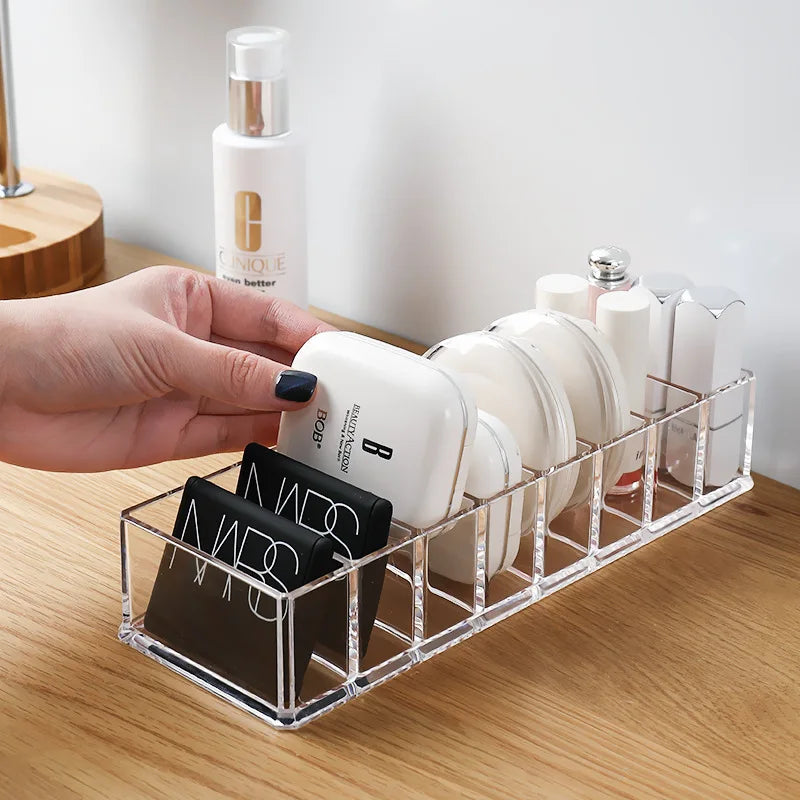 organisateur maquillage transparent moderne compartiments boîtes noires produits cosmétiques rangement chic adhésif