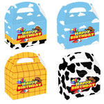 boîtes bonbons vache nuages assiettes jetables sacs cadeaux guirlande thème anniversaire ballons cowboys