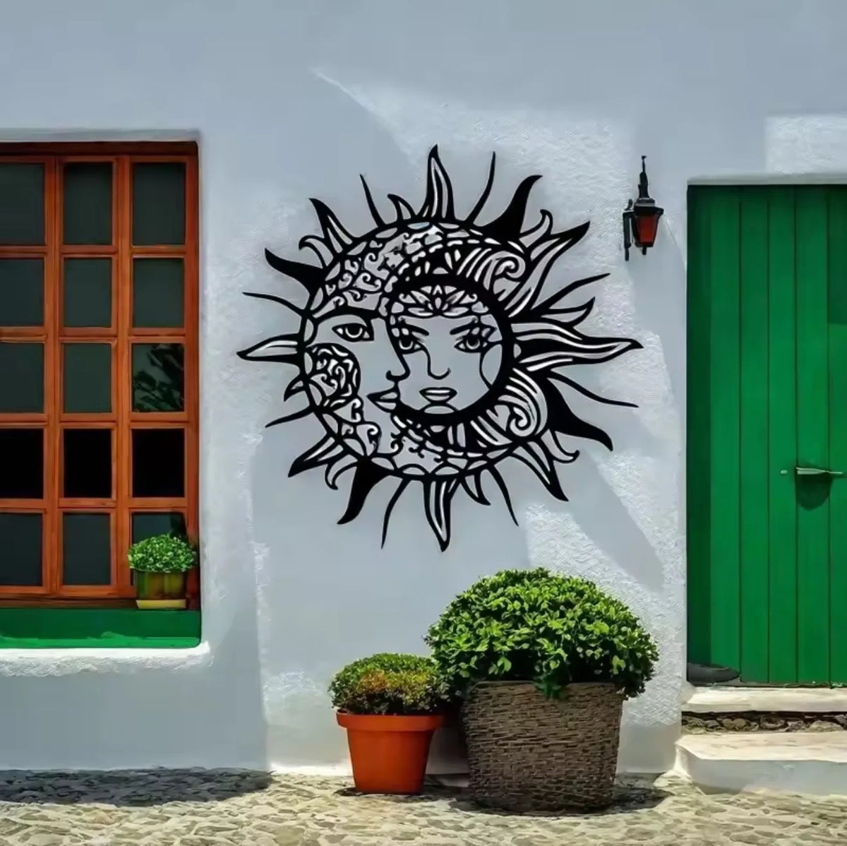 décoration murale soleil lune motifs floraux visage humain noir artisanal 30cm 30cm