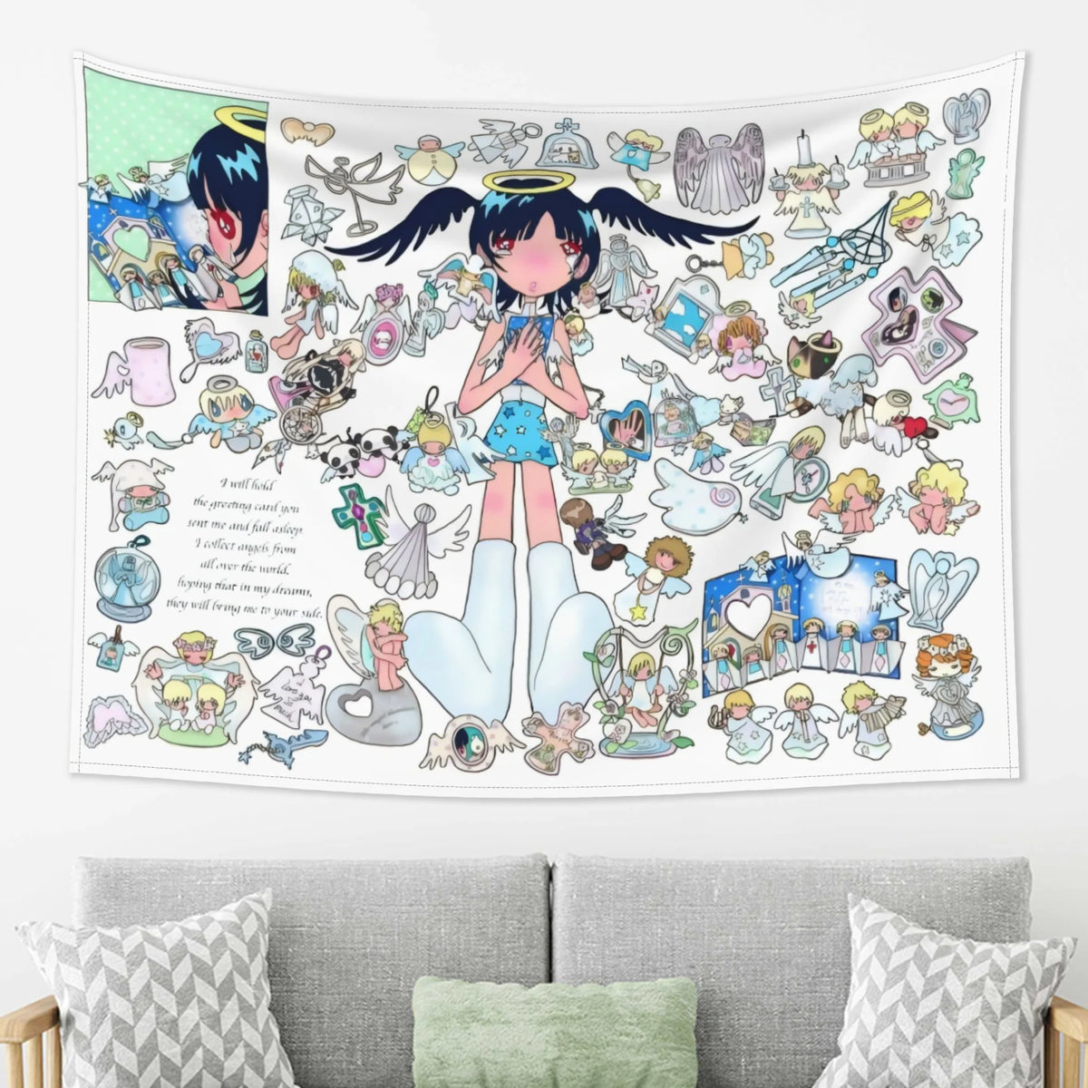 tapisserie murale anime illustration fille ailes salon chambre blanc rose bleu vert