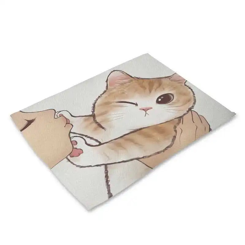 serviette table illustration chat mignon couleur beige gris rose toile lin respectueuse environnement