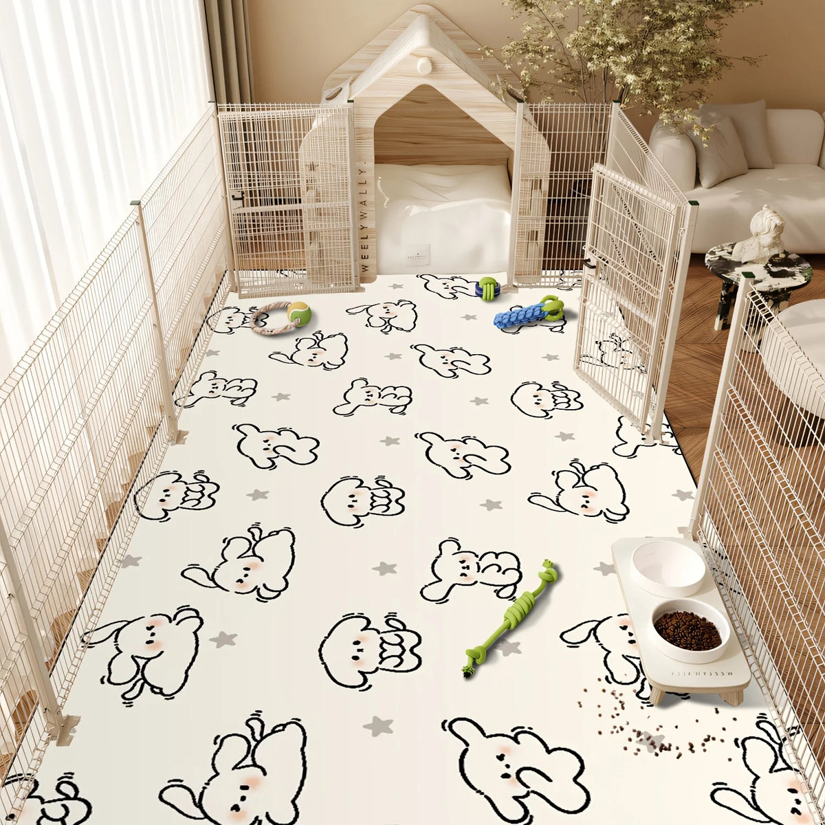 tapis imperméable anti dérapant rapide chiens blanc noir motif chiots étoiles moderne chambre animal