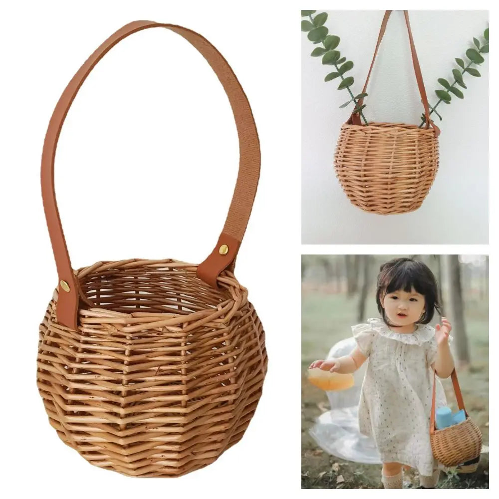 panier tressé osier poignée cuir marron rustique deco intérieur vintage naturel