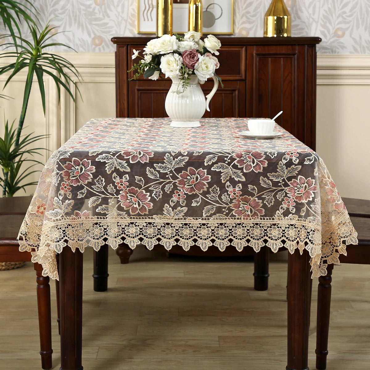 nappe table fleur brodée polyester imperméable rectangle classique romantique beige roseclair
