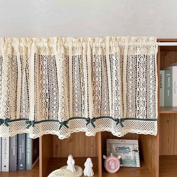 rideau vintage dentelle polyester opaque beige clair rubans noirs nœuds blancs cuisine salon petite