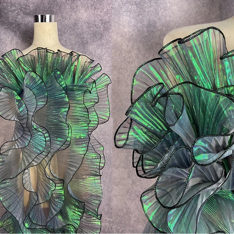 foulard élégant polyester semi transparent vert noir rayures verticales fronces 15cm écologique soluble eau