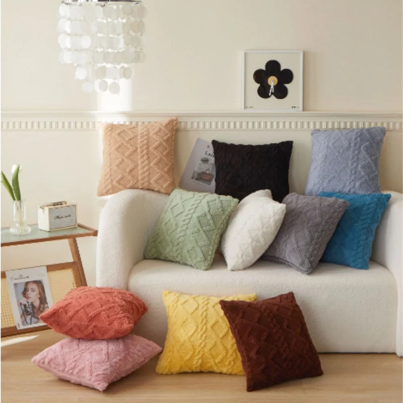 taies oreiller peluche jacquard géométrique couleurs rose beige bleu moderne salon chambre lit