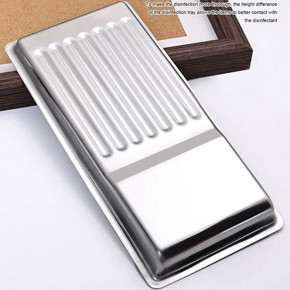 plateau acier inoxydable argenté rainuré instruments manucure professionnel storage tray cosmetic organizer