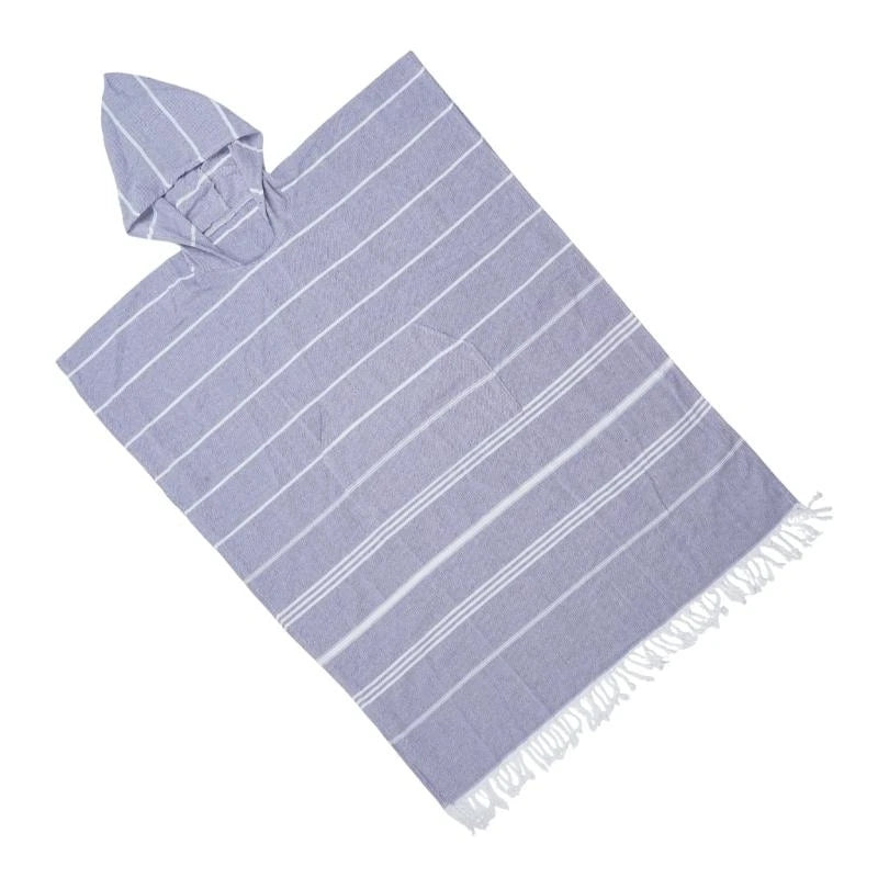 Poncho rayé bleu clair rose pâle gris poncho plage coton polyester poche franges