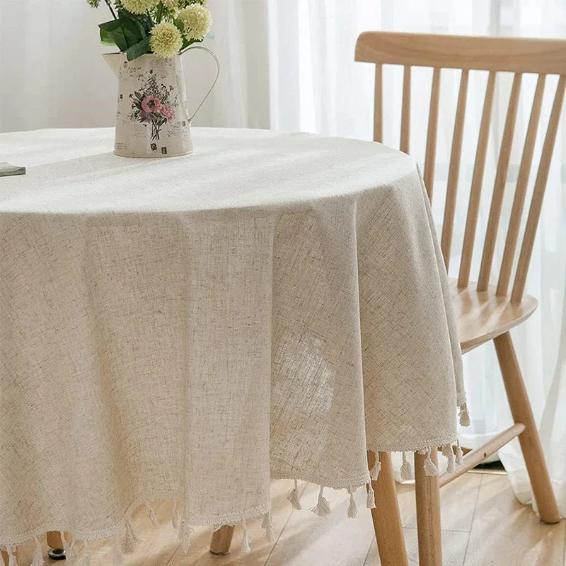 nappe ronde tissée crème franges table rustique bohème deco saisonnelle halloween noel pâques