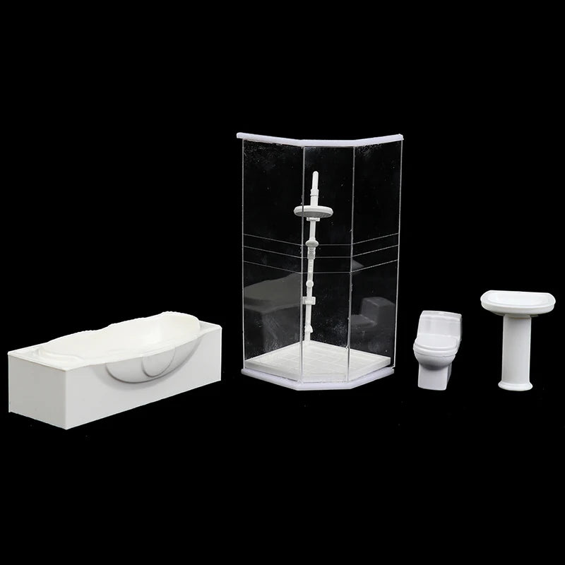accessoires deco maison poupée ensemble salle bain douche baignoire evier wc resine blanc moderne