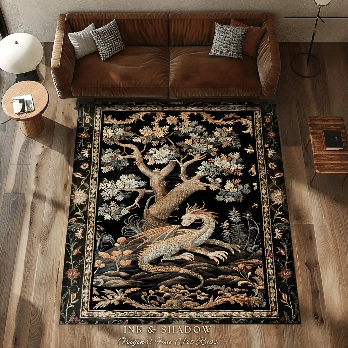 tapis art nouveau dragon stylisé bleu noir vert arbre fleurs moderne salon chambre
