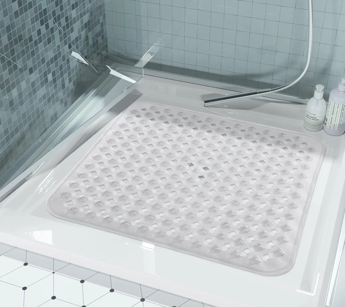 tapis douche antidérapant moderne gris perfo alvéoles adhésifs drainage salle bain