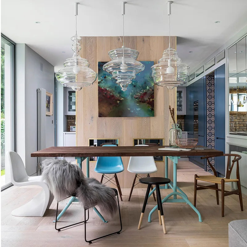 suspension lumineuse moderne verre transparent conique ampoules led blanc doré chambre salon