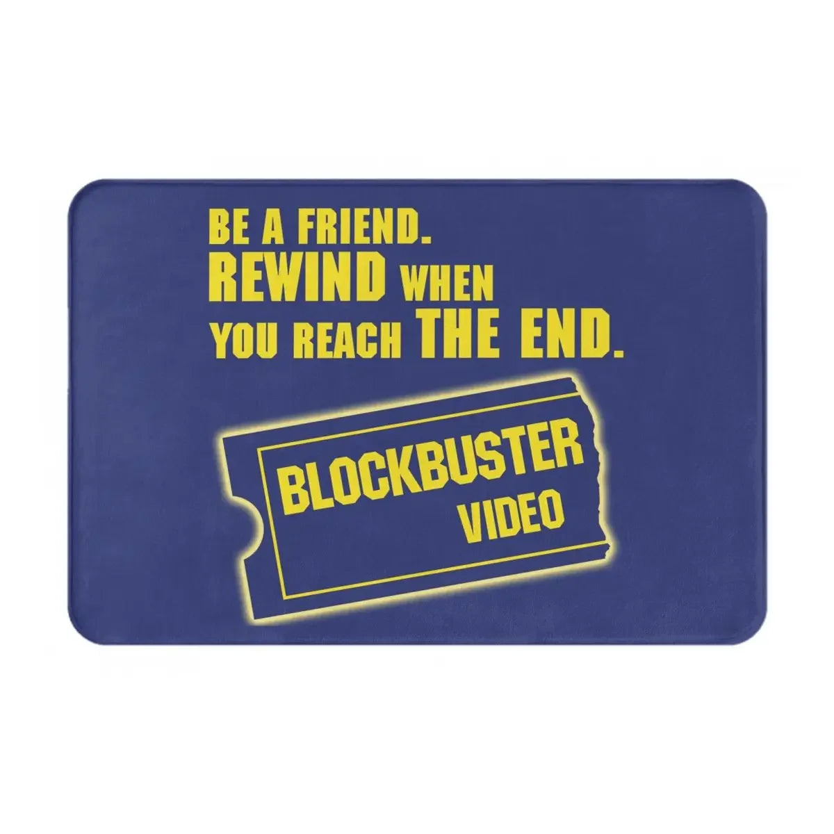 tapis sol antidérapant imperméable coton polyester bleu foncé jaune motif blockbuster video rétro duveteux