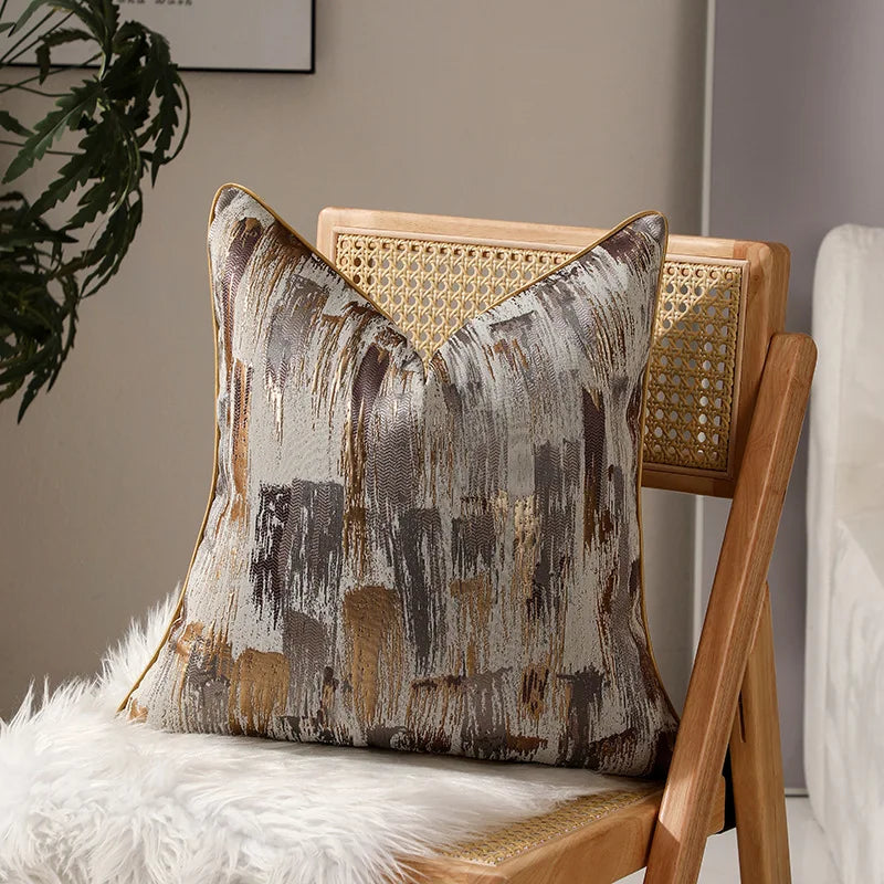 housse coussin carré beige points dorés jacquard passepoil contemporain non toxique environnement polyester