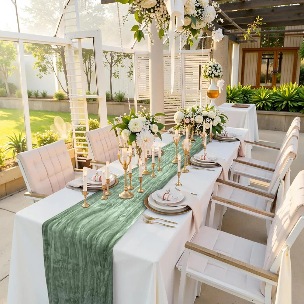 ruban table crêpe plissé vert olive bleu clair rose pâle boho élégant décoration mariage