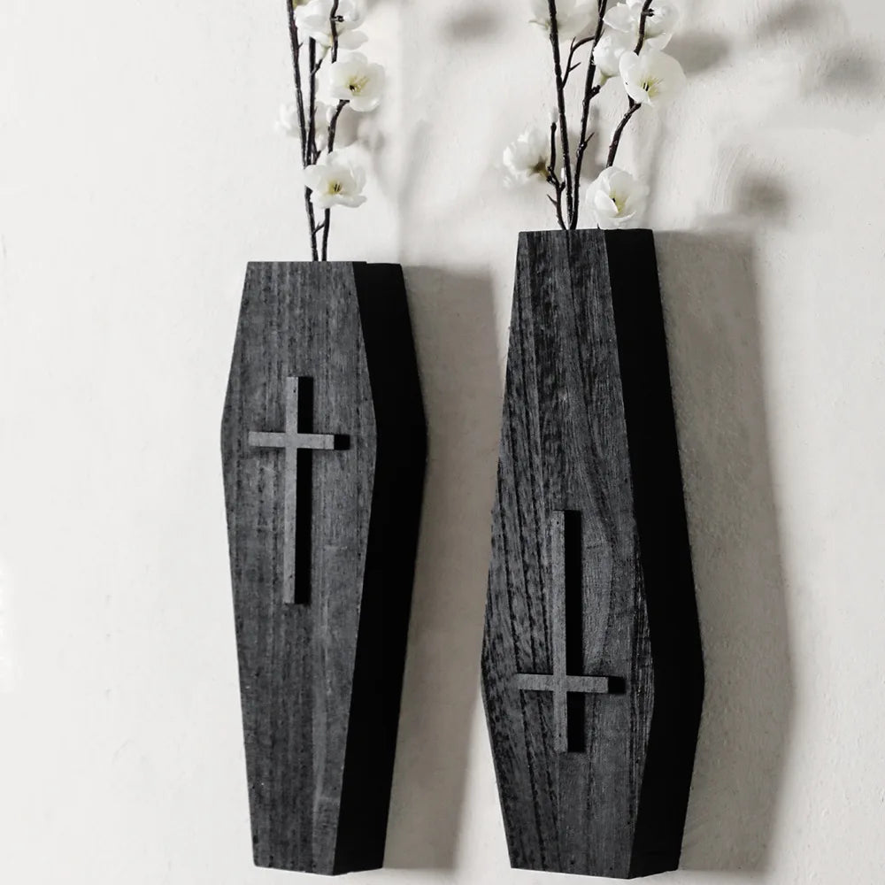 vase mural gothique noir vases cercueils bois texturé croix inversée