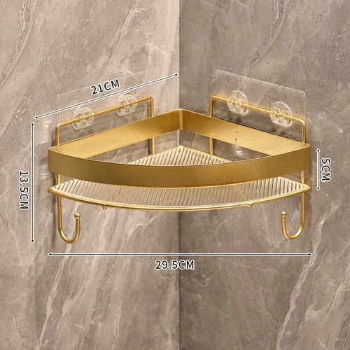 étagère salle bain dorée grille métal moderne fixée suction rangement produits toilette crochet
