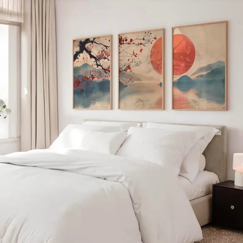 tableaux toile paysages japonais art contemporain rouge noir beige bleu gris montagnes fleurs ciel
