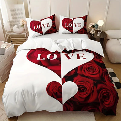 Housse de couette cœur d'amour rouge et blanc sur un lit