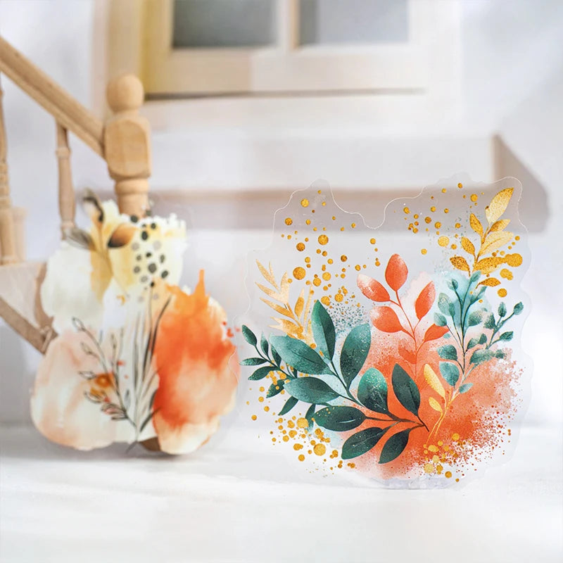 autocollants transparents fleurs abstrait moderne vert orange bleu grande taille aquarelle bricolage scrapbooking collage