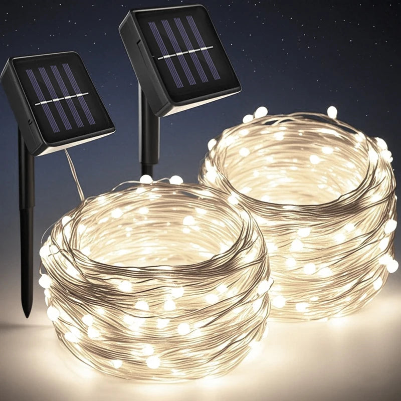 guirlande lumineuse solaire extérieur blanc chaud fil cuivre led jardin terrasse décoration nuit étanche
