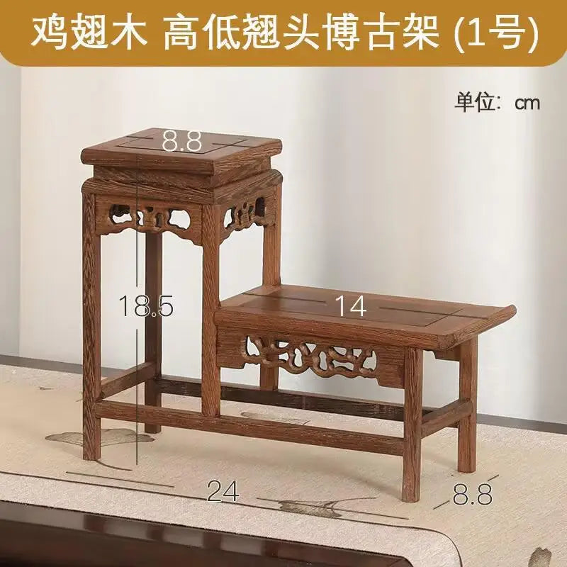 présentoir bois sculpté banc traditionnel marron foncé classique meuble rétro décoration maison figurines plantes