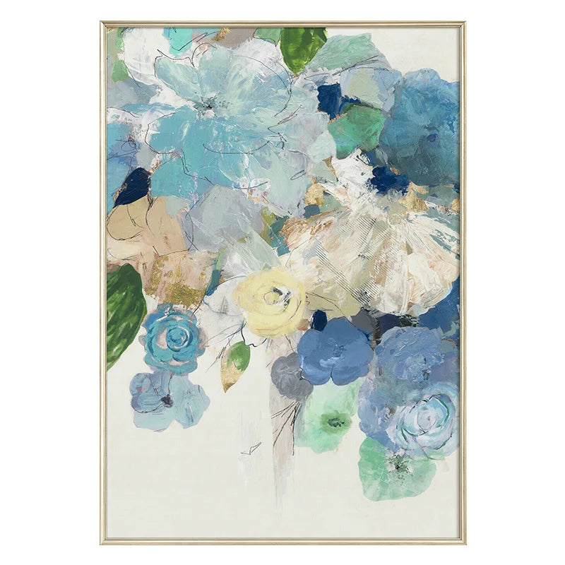 tableau floral abstrait peinture l'huile moderne miroir encadré nuances bleues doré texturé