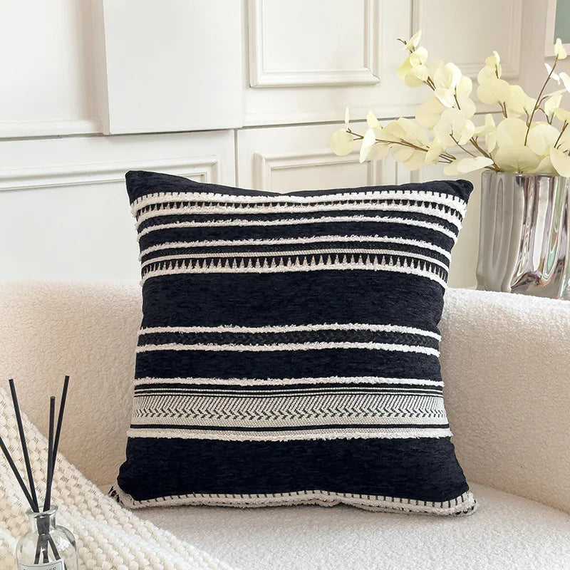 housse coussin rayé polyester 45x45cm moderne blanc beige gris vert chambre