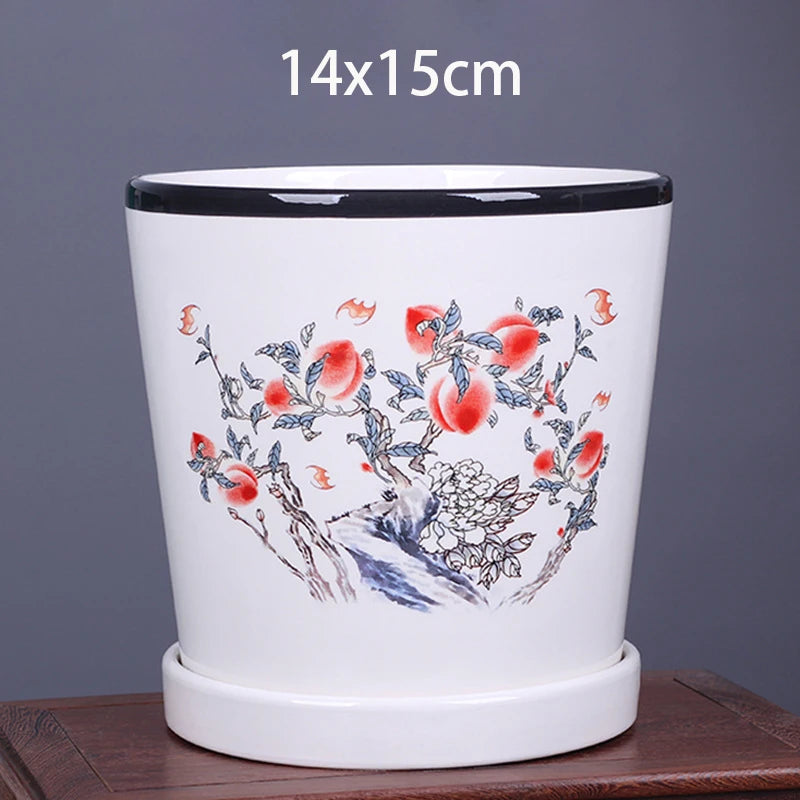 vase decoratif art traditionnel chinois cache pot fleurs oiseaux calligraphie chinoise blanc rouge vert