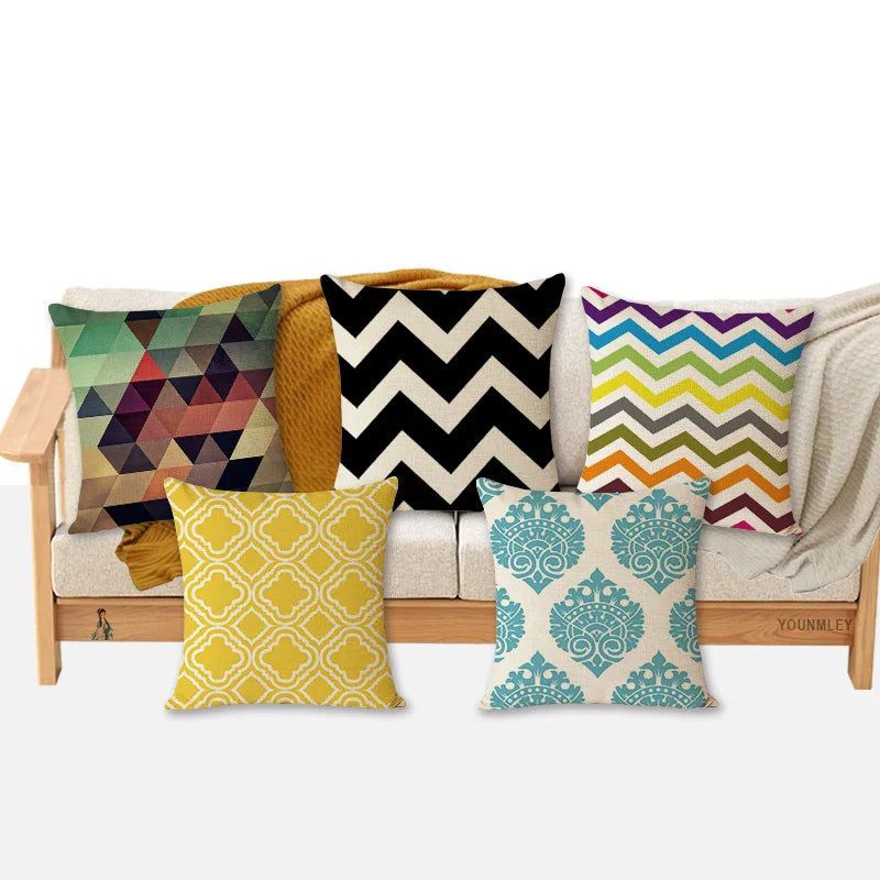 coussins carrés géométriques modernes polyester coton 45x45cm noir blanc bleu vert orange jaune marron