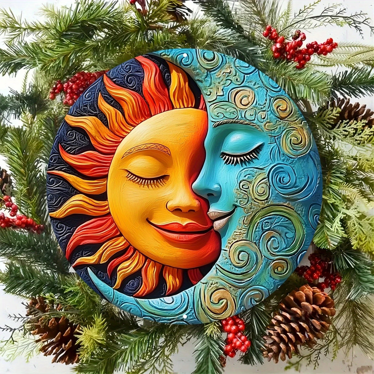 décoration murale bois soleil lune fleurs oiseaux étoiles or argent bleu rouge Jaune Blanc